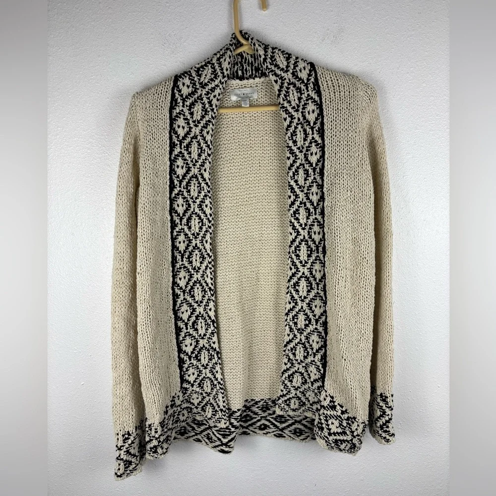Lucky Brand Novelty Stitch Cardigan Small Cream Black Cable Knit Open Sweater - Picture 2 of 10